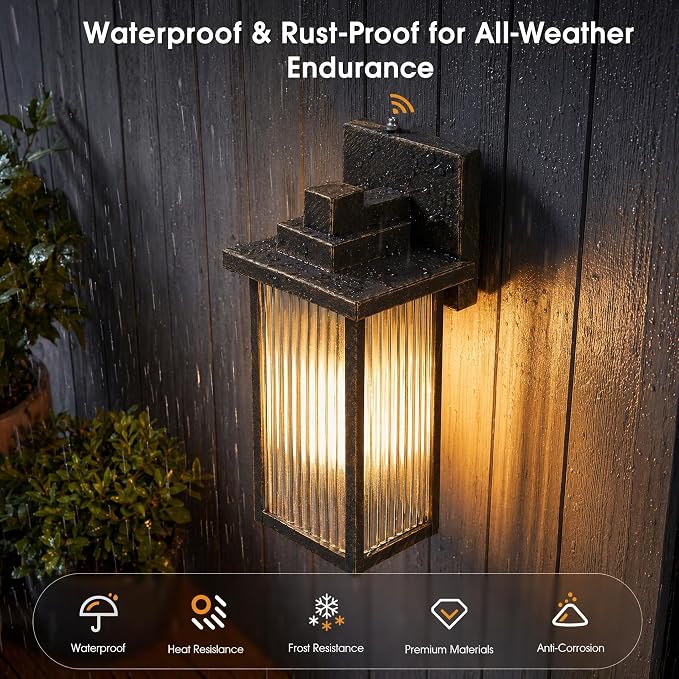 15-Inch Dusk to Dawn Outdoor Wall Light, Black Brush Gold All-Metal | Auto On at Dusk, Off at Dawn. Textured Glass Softens Glare. Waterproof Rust-Resistant Metal. Pre-Assembled DIY Install