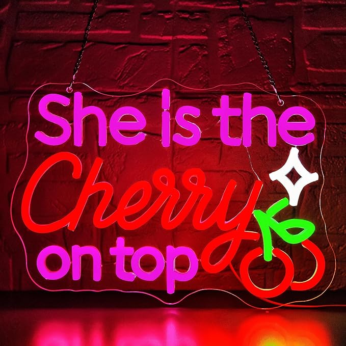 She Is The Cherry On Top Neon Sign for Wall Decor Dimmable Cherry Neon Light for Living Room Light Up Sign for Girl Wedding Party Bedroom Beauty Salon Birthday Gift Art Size 13.7 * 9.7In (WZCP218)