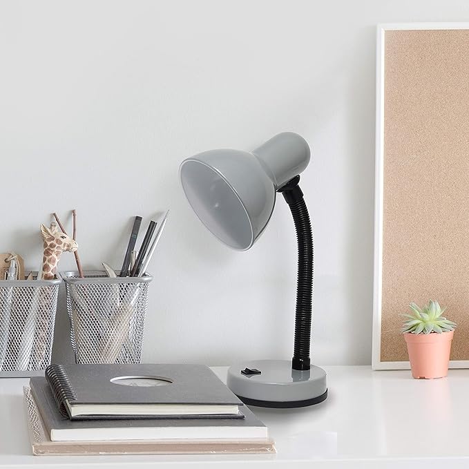 Simple Designs LD1003-SLV-LB 14.25" Basic Metal Desk Lamp with Flexible Hose Neck for Office, Living Room, Bedroom, College Dorm, Bookshelf, Silver, with Feit LED Bulb Included