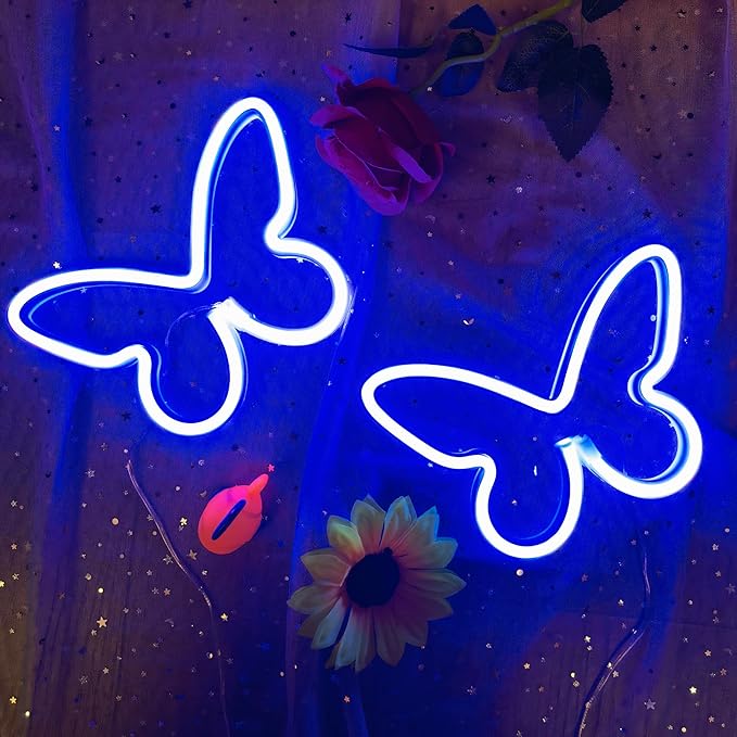 Butterfly Neon Signs for Wall Office Dorm Wedding Birthday Party Room Decor,Neon Butterfly Led Signs Butterfly Decorations for Teen Girls,USB or 3-AA Battery Powered(2Pack Blue)