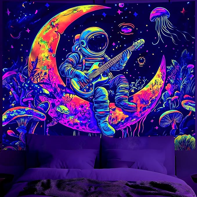 BVBOX Blacklight Space Astronaut Tapestry UV Reactive Galaxy Planet Glow in Dark Tapestries Black Light Poster Neon Wall Hanging Art for bedroom Living Room (Astronaut & Guitar-1M)