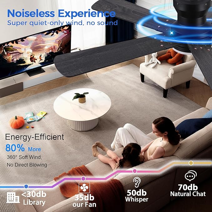 52" Black Ceiling Fans with Lights and Remote - Flush Mount Fan Light with 5 Reversible Blades, 3CCT Dimmable, DC, Low Profile Ceiling Fan for Modern Indoor, Covered Outdoor