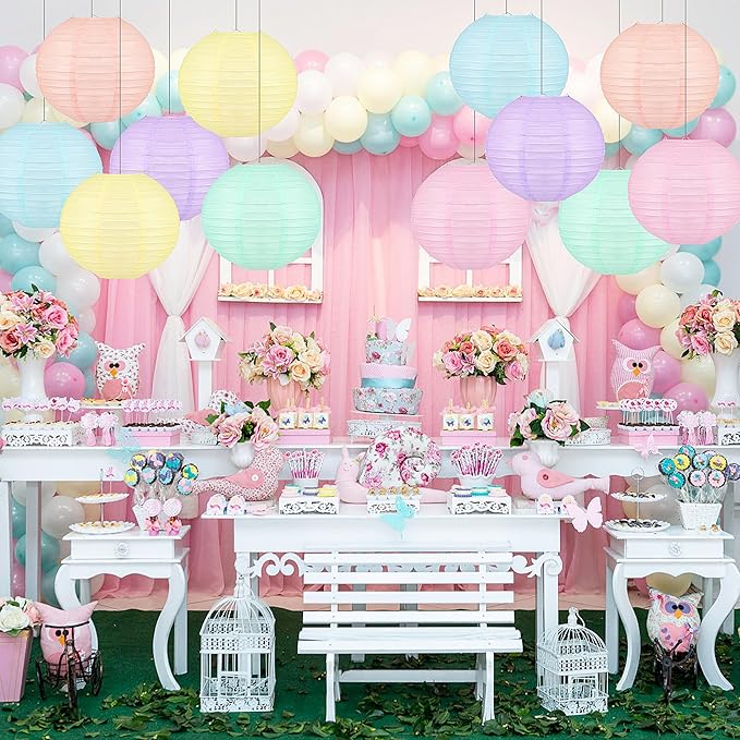 12 PCS Colorful Hanging Paper Lanterns Pastel 10 In Macaron-colored Neon Chinese Paper Lanterns Party Decorations for Classroom Baby Shower Wedding Birthday Valentine's Day (Macaron)