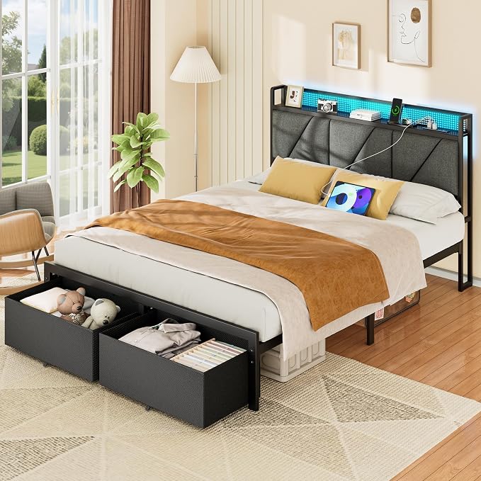 Queen Bed Frame with 2 Storage Drawers & Upholstered Headboard | Metal Platform Bed with Storage Shelf, Charging Station, LED Lights and Heavy-Duty slats, No Spring Box Needed, Noise-Free