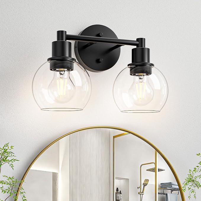 2 Light Bathroom Light Fixtures Black Vanity Lights, Farmhouse Bathroom Vanity Lights 2-Light Matte Black Globe Bathroom Vanity Lighting Fixture Over Mirror
