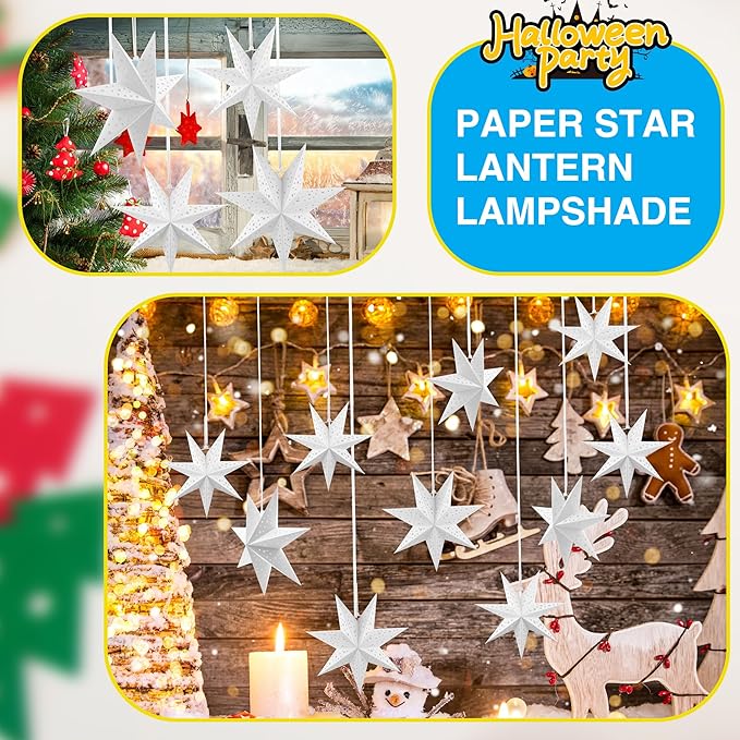 8 Pack 18 Inch/ 12 Inch/ 10 Inch 3D Paper Stars 7 Pointed Hanging Star Lanterns Lampshade Hollow Paper Star Lantern for Christmas Wedding Home Birthday Party Decorations, 3 Size
