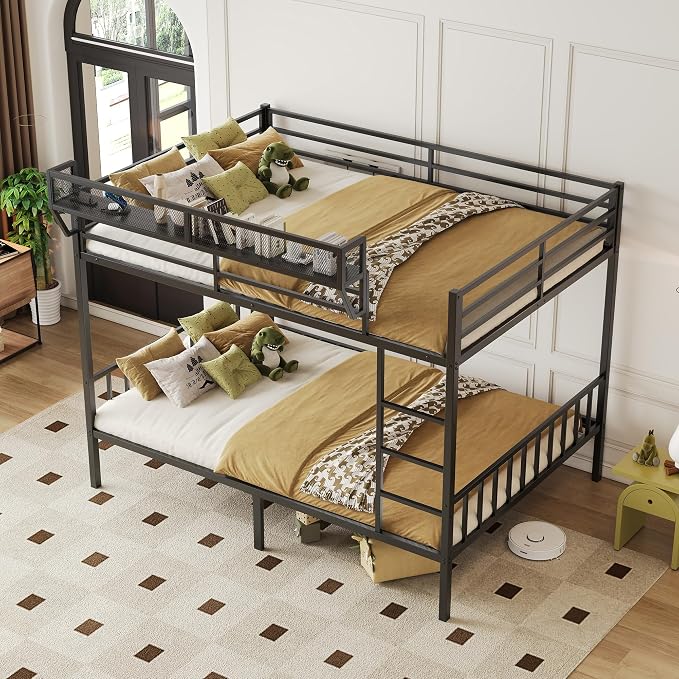 Queen Over Queen Metal Bunk Bed with Storage Shelf & USB Charging | Open Storage Shelf,2 AC Outlets,2 USB Ports,Full-Length Guardrail for Boys&Girls,Noise-Free & Stable,No Box Spring Needed