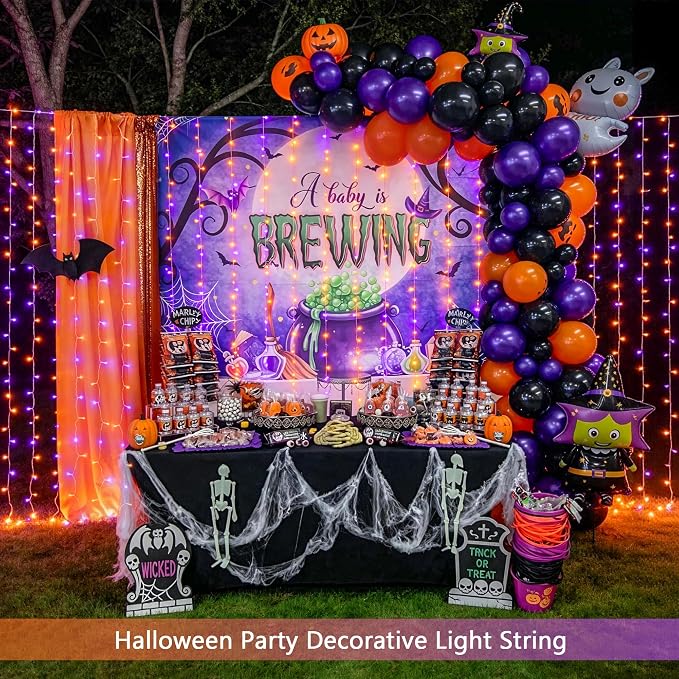 JMEXSUSS 200 LED USB Plug in Orange and Purple Halloween Lights | 6.5ft x 6.5ft, 8 Modes Curtain Halloween Lights with Remote, Curtain String Lights for Party Bedroom Window Halloween Decor