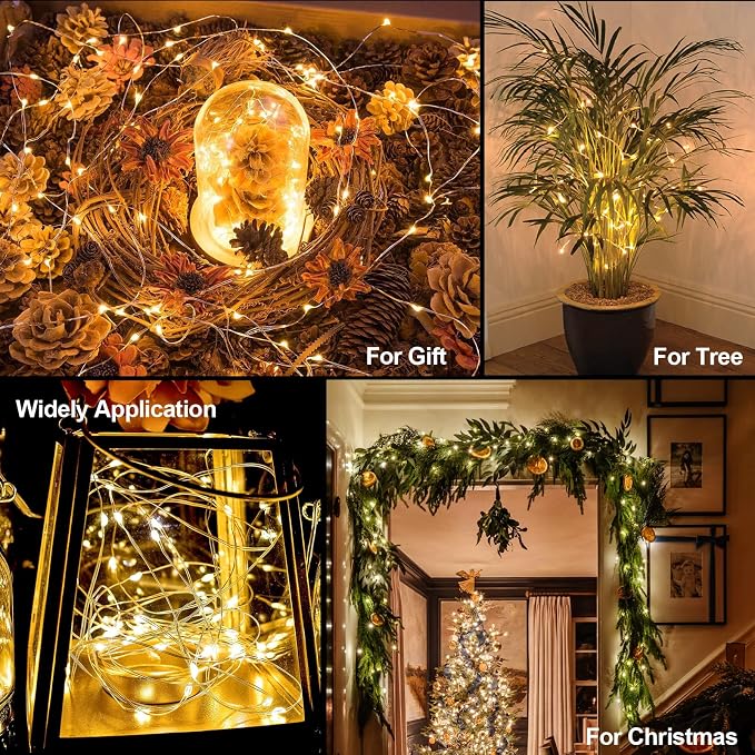 4 Pack Timer Fairy Lights Battery Operated Twinkle Lights with 5 Modes | 16.4Ft 50 LED Silver Copper Wire Battery Wreath Lights for Home Christmas Wedding Indoor Outdoor Decor, Warm White