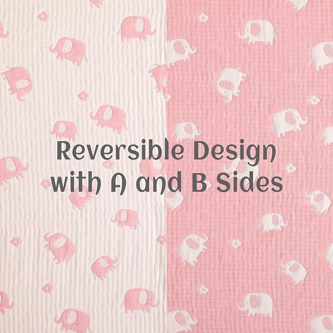 NTBAY 3 Layer Muslin Toddler Blanket, 30 x 40, Pink Elephant | Breathable Muslin Cotton Outer Layers with Light Thermal Fill, Reversible for Stroller, Daycare, Travel, and Supervised Use