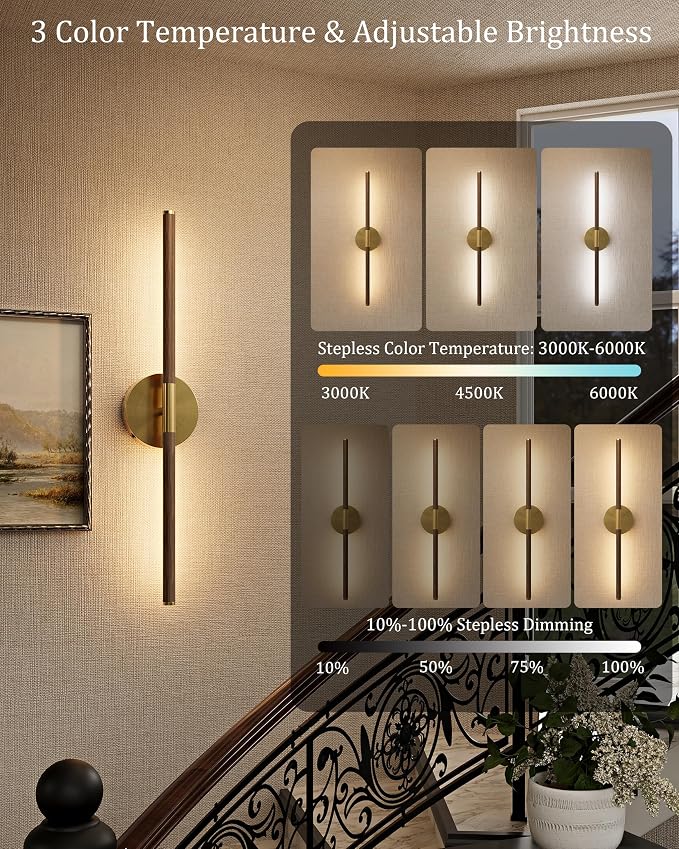 40" Battery Operated Wall Sconce Set of 2, 350° Rotating Lamp, Walnut Gold | Wireless, 8000mAh Rechargeable Battery, Stepless Dimming, 3000K-6000K, Remote & Touch Control, Timer, Living Room, Bedroom