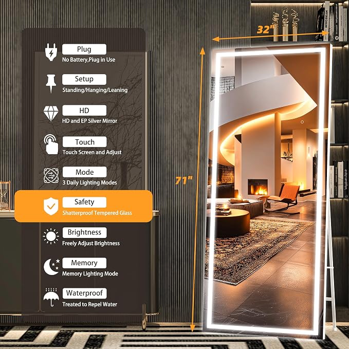 Hasipu Full Length Mirror with Lights, 71" x 32" LED Lighted Floor Standing, Full Body Dressing Hanging Mounted Mirror, Tempered Glass, Square White