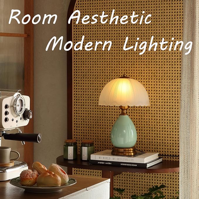 Glivpny Vintage Lamp for Living Room,16" Modern Ceramic Table Lamps for Bedroom,Retro Bedside Nightstand Traditional Lamps, Classic Chinoiserie Green Lamp for Home Decor (LD001) | Mid Century Modern Ceramic Lamps for Living Room,Retro Bedside Glass Lam...