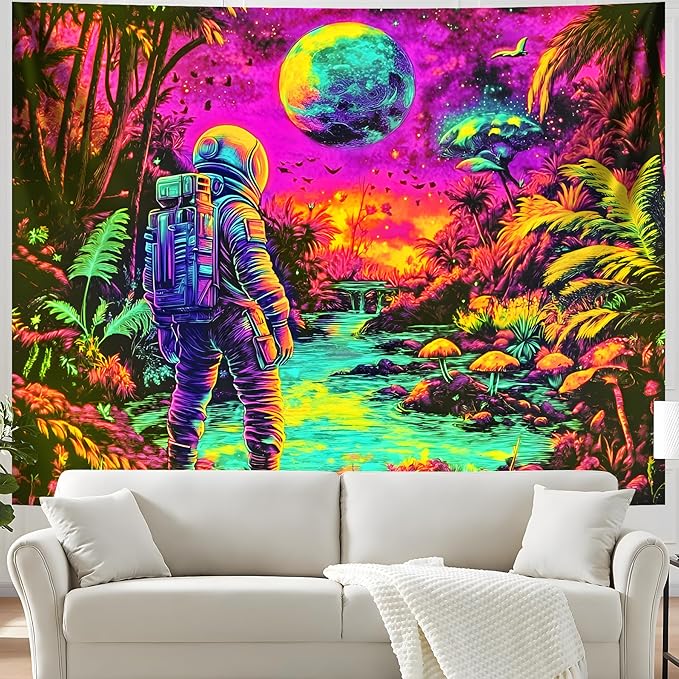 BVBOX Blacklight Space Astronaut Tapestry UV Reactive Galaxy Planet Glow in Dark Tapestries Black Light Poster Neon Wall Hanging Art for bedroom Living Room (Astronauts & Space -UV-1M)