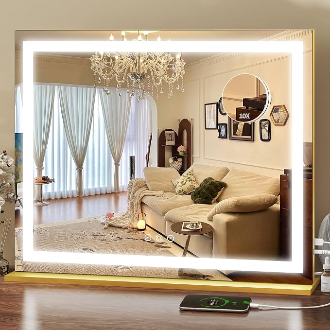 ROLOVE 23x18 Inch Gold Vanity Mirror with Lights, Detachable Magnifier | Desk Mirror with Light, 3 Color Modes, Stepless Dimming, Touch Control, Plug-In Power, Horizontal Wall Mount or Tabletop Use