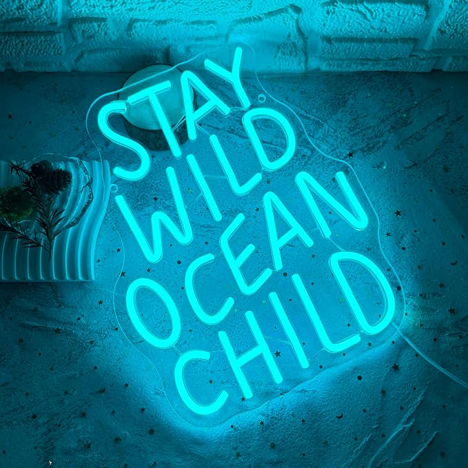 Stay Wild Ocean Child Neon Sign, Dimmable LED Kids Room Neon Light, Boho Surf Wall Art Kids Ocean Surf Bedroom Baby Playroom Wall Decor Party Gift(10.2 * 13in)