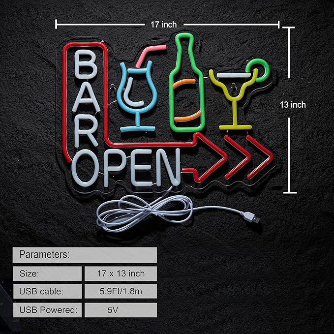 Bar Open Neon Sign for Wall Décor Dimmable USB Open Beer Bar LED Light for Pub Business Decor