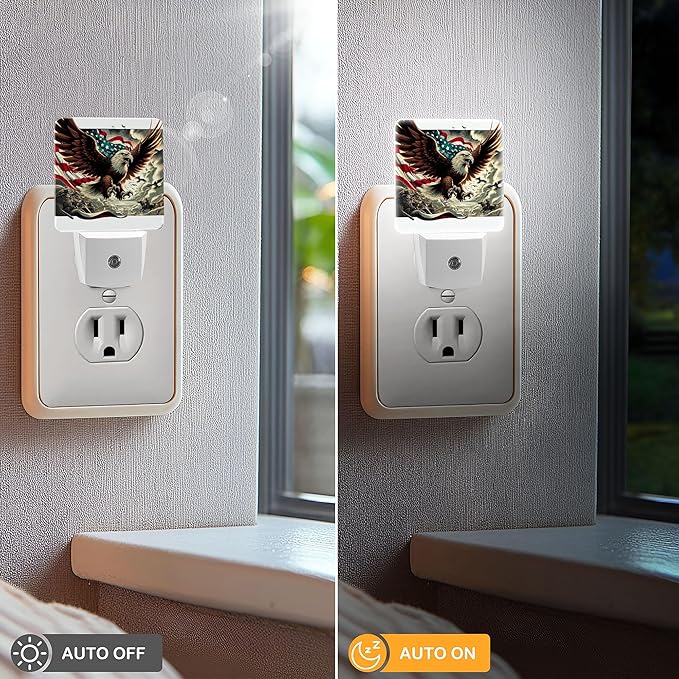 LED Night Light Lamp with Smart Sensor Dusk to Dawn Sensor,Bald Eagle Spreads Wings with American Flag American Patriotism Historical Military Night Light Daylight White,0.5W Plug-into Wall