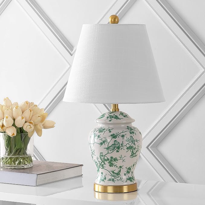 JONATHAN Y Penelope Ginger Jar 22" LED Table Lamp, White/Green | Chinoiserie, Ceramic Metal Construction, French Country Traditional, Linen Empire Shade, Brass Gold, LED Bulb Included