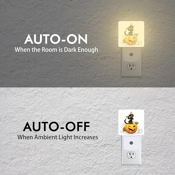 Black Cat on Pumpkin Night Light,Halloween Plug into Wall with Dusk to Dawn Light Sensors,LED Nightlights for Bedroom,Bathroom,Kitchen,Hallway,Room Decor for Boys Girls Women Men