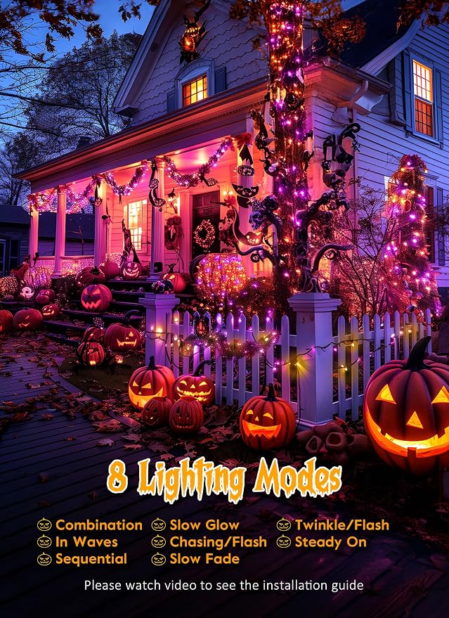 240 LED Solar Halloween Lights Outdoor Waterproof IP65, 20FT 8 Light Modes | Halloween Solar Lights Outdoor Solar Halloween String Lights Outdoor Twinkle Fairy Light Garland Decorations, Orange Purple