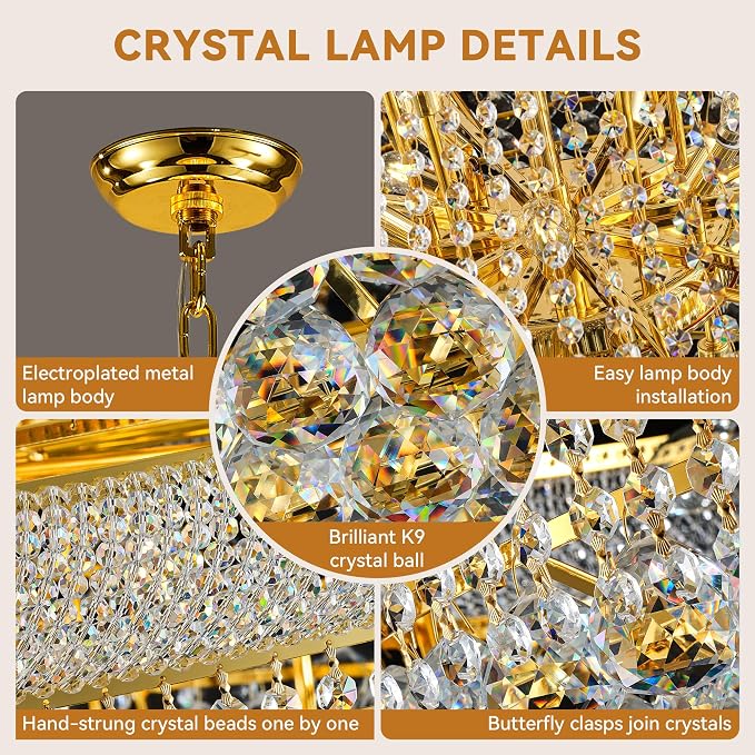 42'' W Luxury 3-Tier Empire Crystal Chandelier, 36 LED Bulbs, 480 Hand-Strung K9 Crystals (4 Spares), 79-Inch Adjustable Chain, Ideal for Foyer, Staircase, Double-Height Living Room (Gold)