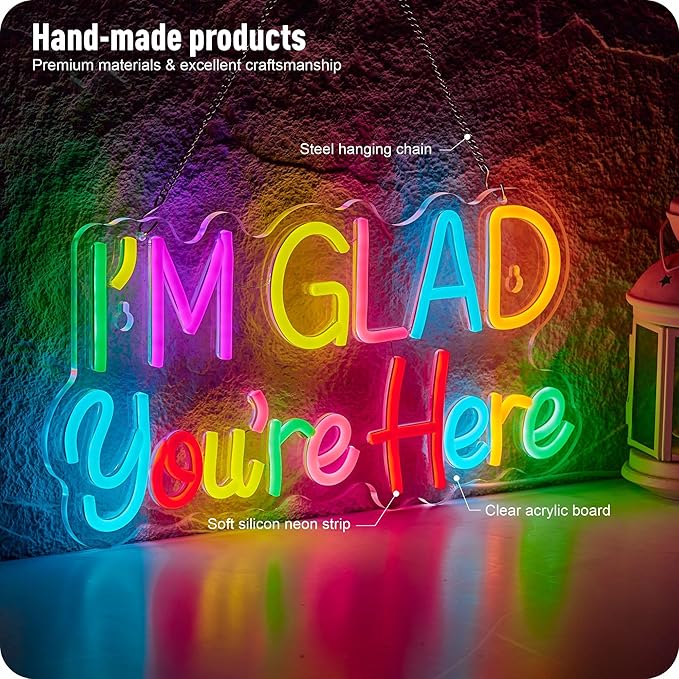 I’m Glad You’re Here Neon Sign, Positive Affirmation LED Light for Wall Decor Multicolored Light Up Signs for Classroom Kindergarten Wedding Party Store Home, Compatible with Timer