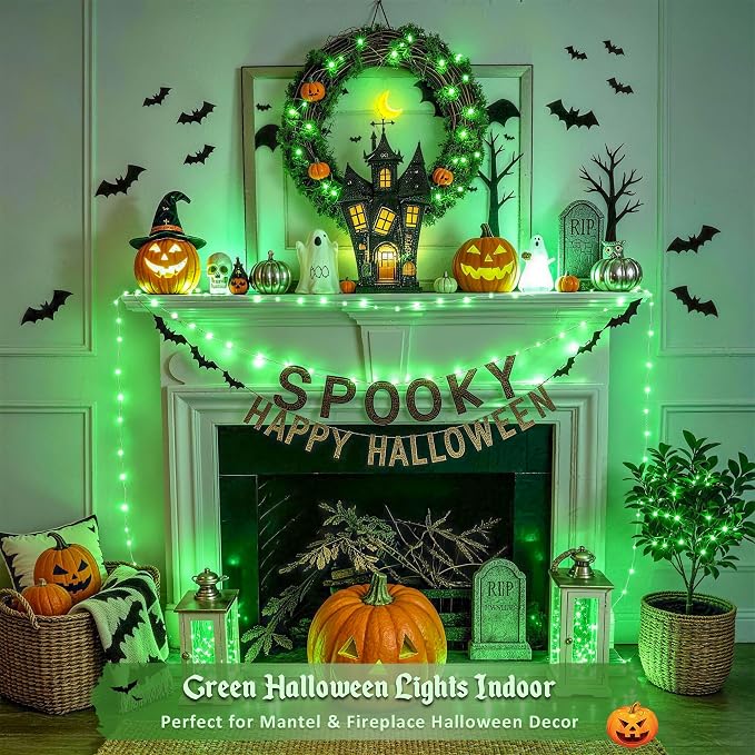 JMEXSUSS 100 LED Green Halloween Fairy Lights Plug in with Remote | 33 ft Green String Twinkle Christmas Light for Indoor Outdoor Christmas Tree Garden Home Party Decor, with Wheel