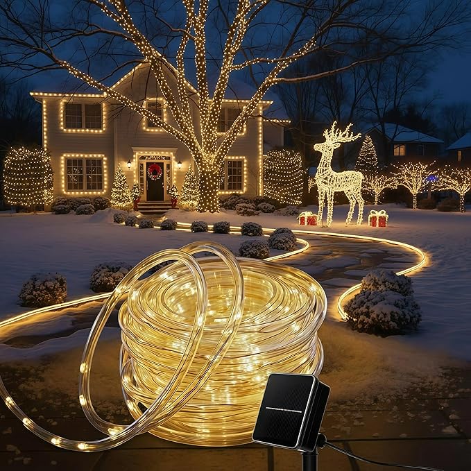 Solar Rope Lights Outdoor Waterproof 72FT 200LED Solar String Lights Christmas Decorations Outside for Garden Patio Yard Trees Path Fence IP65 Solar Powered Tube Fairy Lighting Warm White