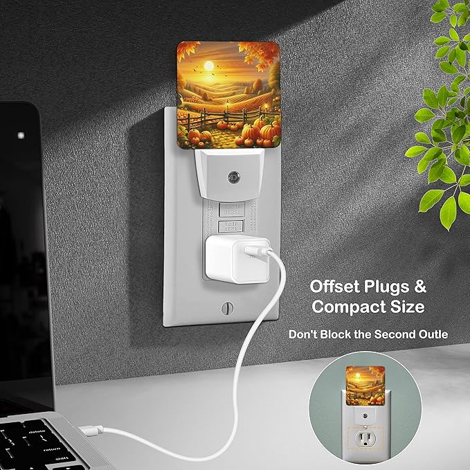 LED Night Light Lamp with Smart Sensor Dusk to Dawn Sensor,Autumn Harvest Season Evening in Rustic Countryside Golden Fall Sunset Pumpkin Night Light Daylight White,0.5W Plug-into Wall