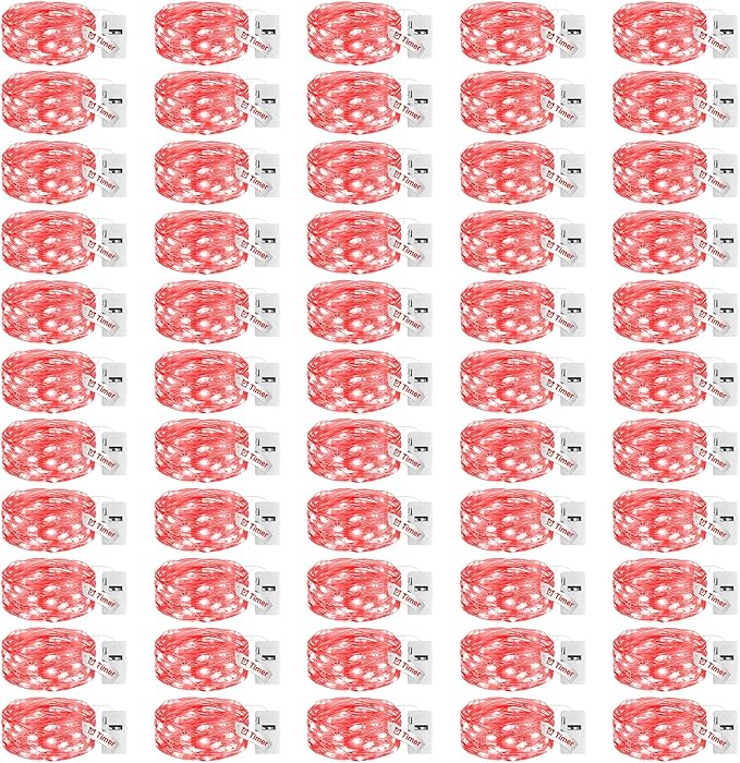 litogo 50 Pack Red Fairy Lights Battery Operated with Timer, 20 LED 3 Modes Twinkle Light, 7ft Waterproof Silver Wire Mini Small Bulk Mason Jar String Light, Decor for Wedding Party Christmas