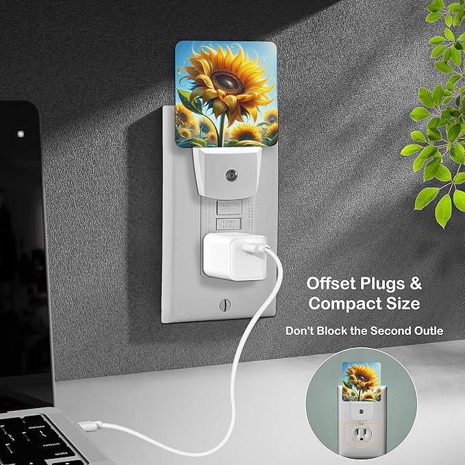 LED Night Light Lamp with Smart Sensor Dusk to Dawn Sensor,Large Vivid Sunflower with Curve Petal Surrounded By Other Sunflower Under Blue Sky Night Light Daylight White,0.5W Plug-into Wall