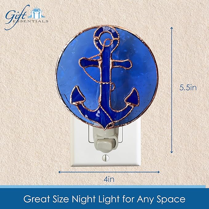 Gift Essentials Blue Anchor Plug in Night Light - Stained Glass Nightlight with On/Off Rocker Switch - Includes One 4 Watt Replaceable Incandescent Warm Glow Bulb