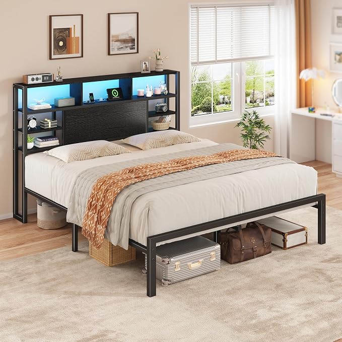 Homkdom Queen Bed Frame with Storage Headboard and Charging Station,Black | LED Lights，12.2" Under-Bed Storage，Supports up to 1100 LBS，No Box Spring Needed，Noise-Free,Easy Assembly