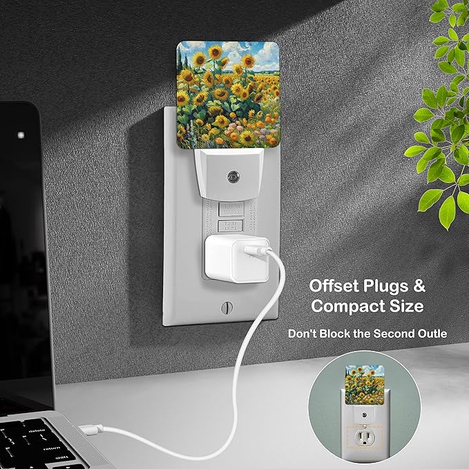 LED Night Light Lamp with Smart Sensor Dusk to Dawn Sensor,Sunflower Field Cypress Trees And Sky With Swirling Clouds Night Light Daylight White,0.5W Plug-into Wall for Adults,Bedroom,Bathroom