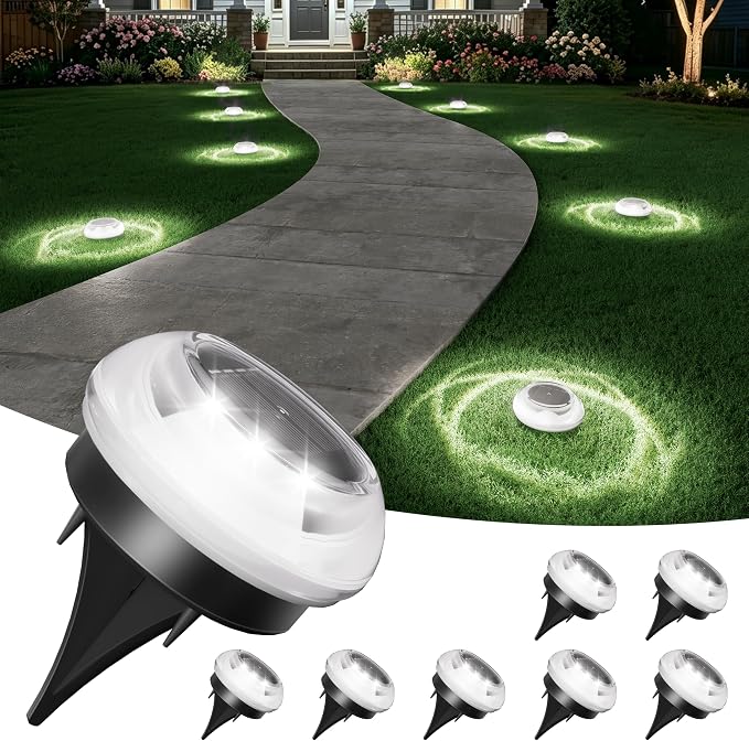 VOLISUN Mini Solar Pathway Lights Outdoor,8 Pack Flat Solar Ground Lights | IP67 Waterproof Solar Powered Disc Lights,Landscape Lighting for Garden Yard Walkway Luces Patio Driveway,Cool White
