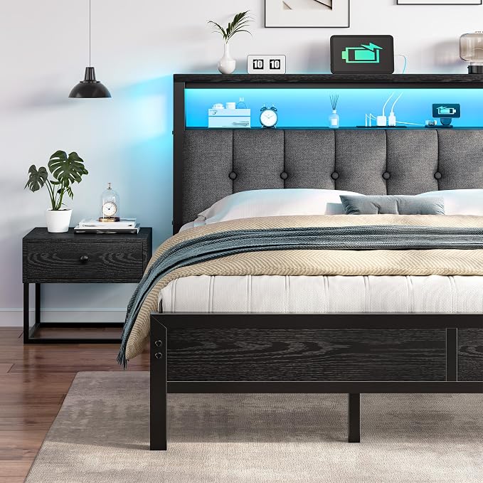 Homkdom Queen Bed Frame with Upholstered Headboard & Charging Station | 2 Outlet & 2 USB, LED Lights,12" Under-Bed Storage Noise-Free,No Box Spring Needed,Easy Assembly, Black