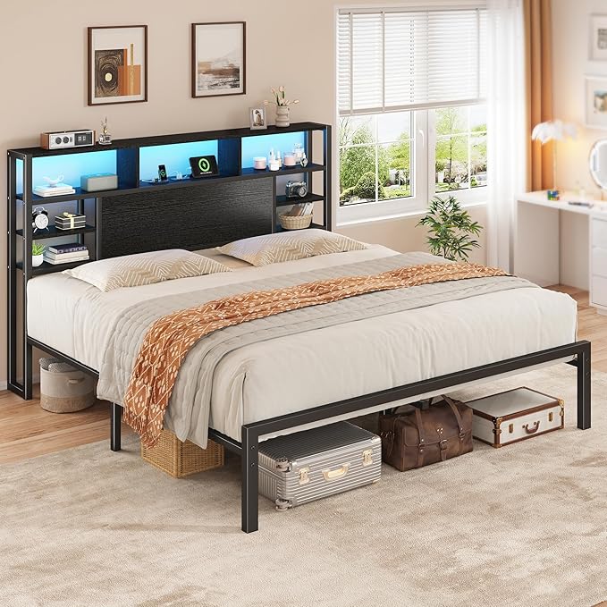 Homkdom King Bed Frame with Storage Headboard and Charging Station, Black | LED Lights,12.2" Under-Bed Storage,Supports up to 1100 LBS,No Box Spring Needed,Noise-Free,Easy Assembly