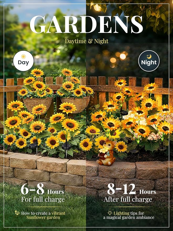 GIGALUMI Solar Sunflower Decor, 2 Pack LED Sunflower Gifts for Women | 3 Lighting Mode, Auto On/Off/Flash, Garden Decor, Waterproof Solar Garden Lightsoutdoor Outdoor Fall Decor for Patio, Yard