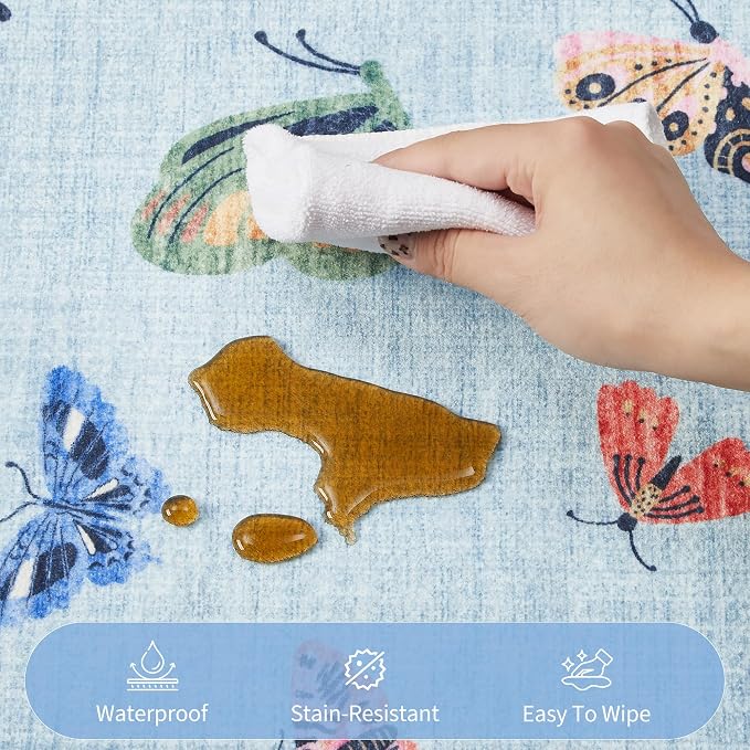 GarveeHome Butterfly Area Rug 5x7, No Slip Washable Rug, Modern Bedroom Rug Under Bed Ultra Carpet, Low-Profile Rugs for Living Room Bedroom Dining Room, Light Blue