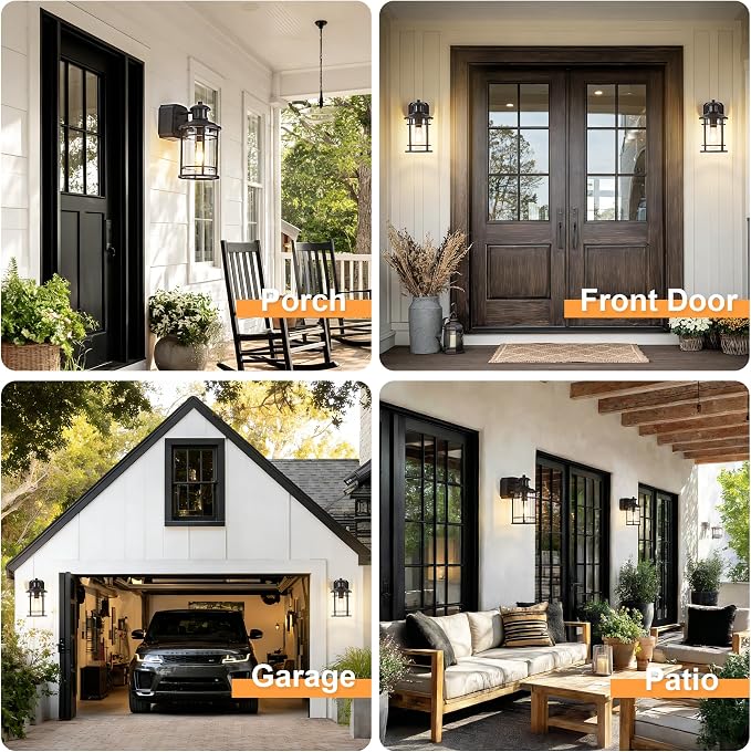 Patio Wall Light Fixture with Dual GFCI Outlets, Outdoor Light with Outlet, Motion Sensor Dusk-to-Dawn, Vintage Industrial Black Lantern, for Porch Patio Garage (2 Pack)
