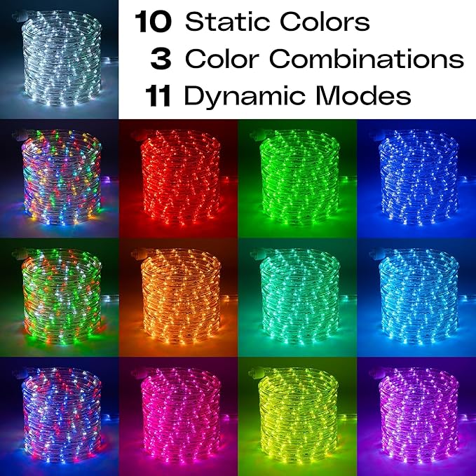 WYZworks 25 ft 288LEDs, 10 Color Changing Outside Rope Light 12-Modes w/Remote Controller, Outdoor ETL Certified Weatherproof Permanent 360 Degree Flexible Bend & Light Emitting Accent Lighting