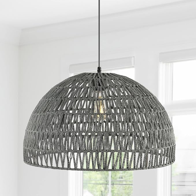 JONATHAN Y Campana 1-Light Pendant Dome Ceiling Lamp, 20", Gray | Modern Coastal Farmhouse Decor, Adjustable Height, Woven Rope Metal Frame, LED Bulb Included, UL Listed