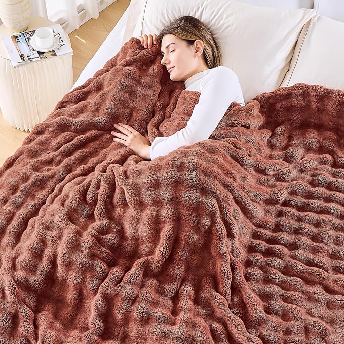 NEWCOSPLAY Queen Blanket for Couch Coffee Super Soft Flannel Fleece 3D Bubble Lightweight Bed Blanket All Season Use (Coffee, Queen(90"x90"))