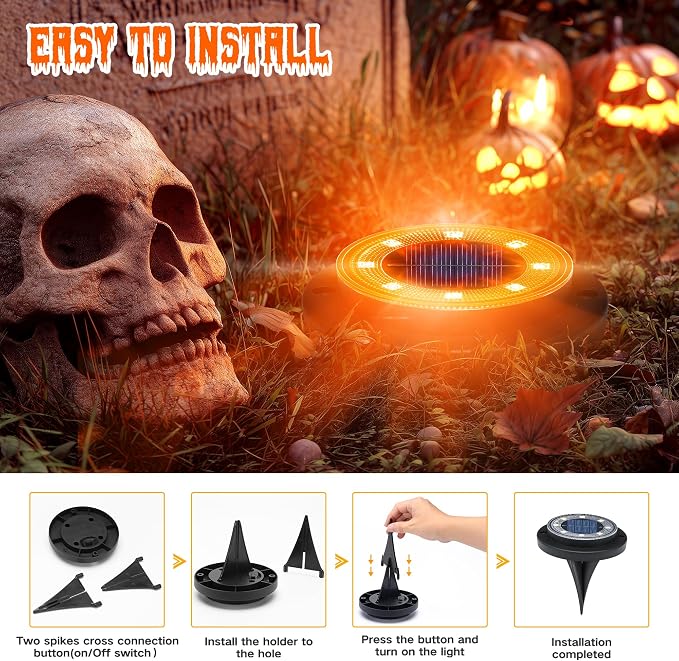 Flacchi Solar Lights Outdoor Waterproof，Orange 12 Pack 2-in-1 Ground Lights | Halloween Lights Outdoor Solar Disk Light Landscape Light for Deck Step Patio Yard Pathway Walkway Driveway Garden