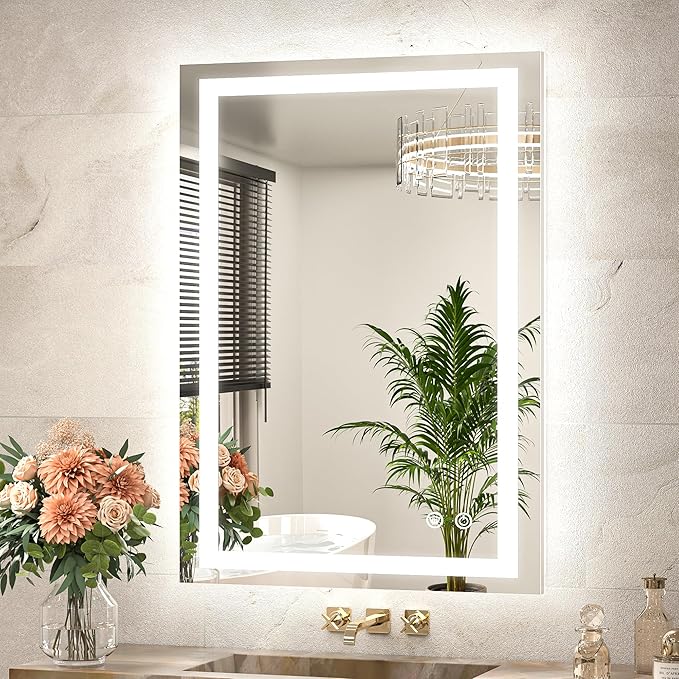 LED Bathroom Mirror 24 x 36 Brighter Light up Mirror with Lights, Front and Backlit Lighted Mirror for Bathroom 3-Color Dimmable Led Vanity Illuminated Anti Fog Wall Mirror, Tempered Glass