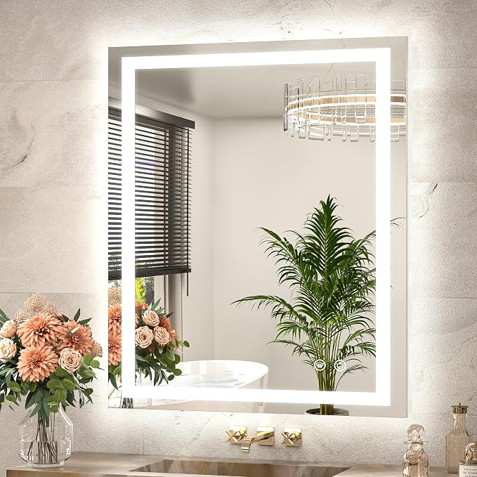 LED Bathroom Mirror 30 x 36 Front and Backlit Lighted Bathroom Vanity Mirror with Brighter Lights 3-Color Dimmable Led Anti Fog Light up Mirror, Waterproof, Shatterproof Tempered Glass
