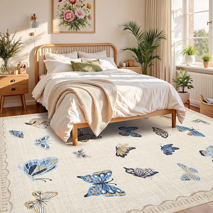 GarveeHome Butterfly Area Rug 5x7, No Slip Washable Rug, Modern Bedroom Rug Under Bed Ultra Carpet, Low-Profile Rugs for Living Room Bedroom Dining Room, Khaki