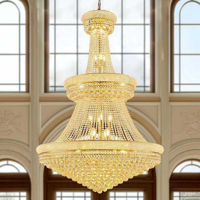 42'' W Luxury 3-Tier Empire Crystal Chandelier, 36 LED Bulbs, 480 Hand-Strung K9 Crystals (4 Spares), 79-Inch Adjustable Chain, Ideal for Foyer, Staircase, Double-Height Living Room (Gold)