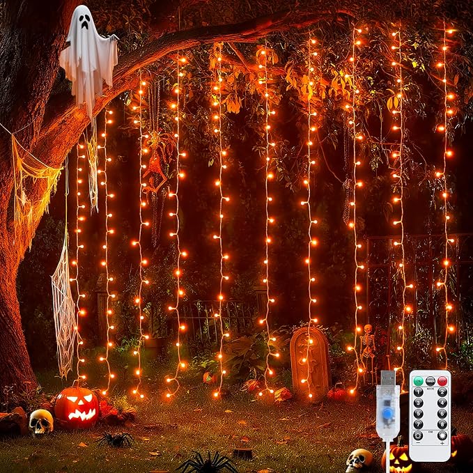 JMEXSUSS Orange Curtain Lights for Halloween, USB Plug in, 200 LED | Remote Control, Halloween Curtain String Lights, 8 Modes Orange Hanging Window Lights for Bedroom Party Indoor Outdoor Decor